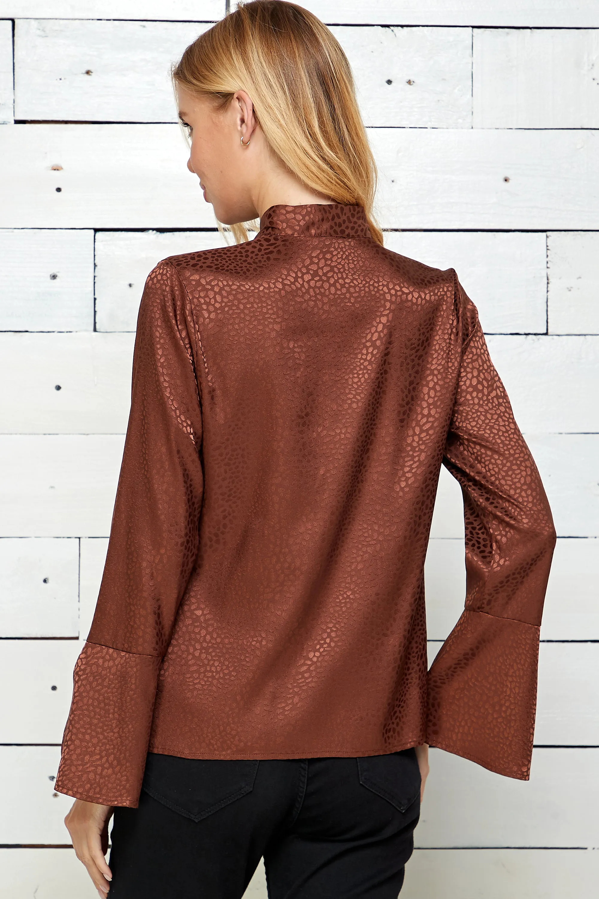 Split Long Sleeve Button Front Tie Neck Top