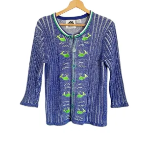 Storybook Knits Whale Of A Day Blue Green Button Front Cardigan Sweater size M