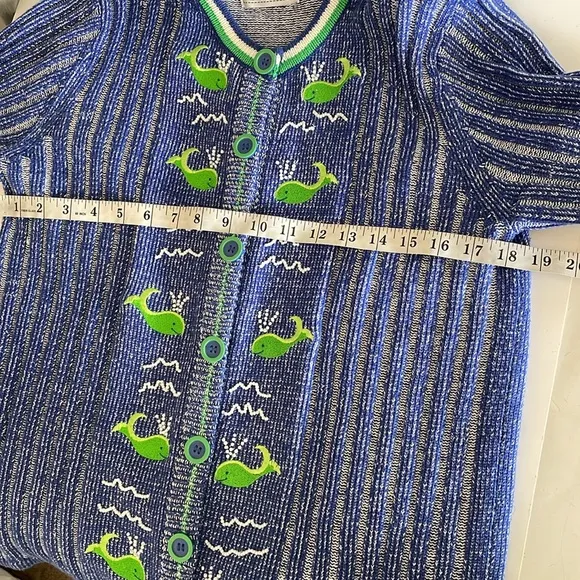 Storybook Knits Whale Of A Day Blue Green Button Front Cardigan Sweater size M