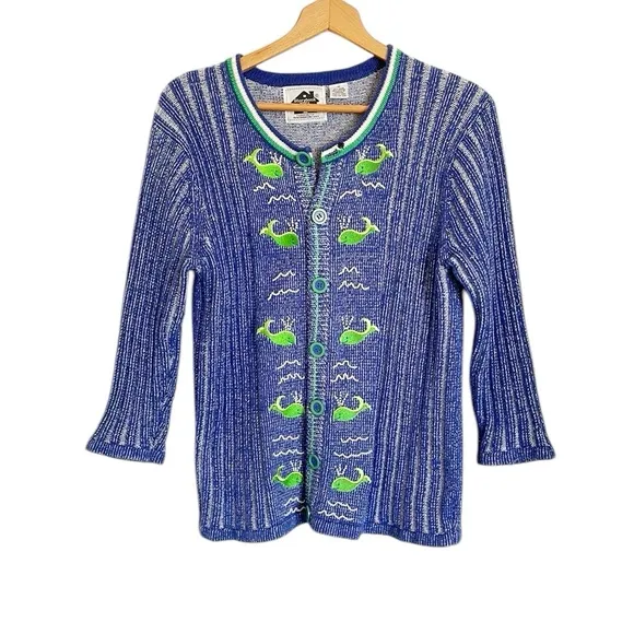 Storybook Knits Whale Of A Day Blue Green Button Front Cardigan Sweater size M