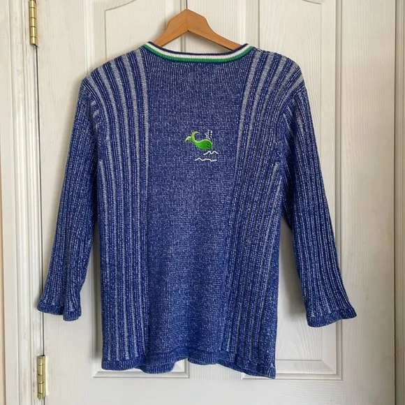 Storybook Knits Whale Of A Day Blue Green Button Front Cardigan Sweater size M