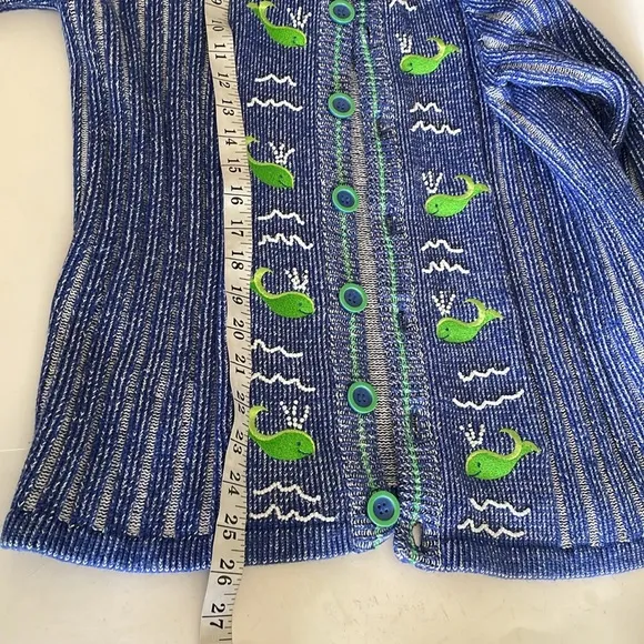 Storybook Knits Whale Of A Day Blue Green Button Front Cardigan Sweater size M