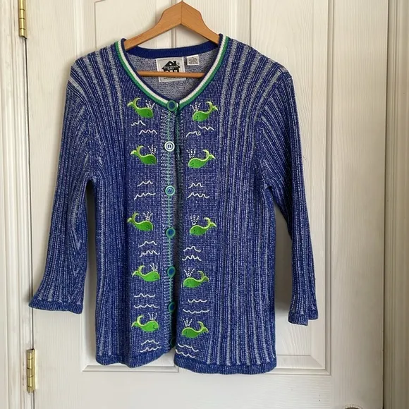 Storybook Knits Whale Of A Day Blue Green Button Front Cardigan Sweater size M