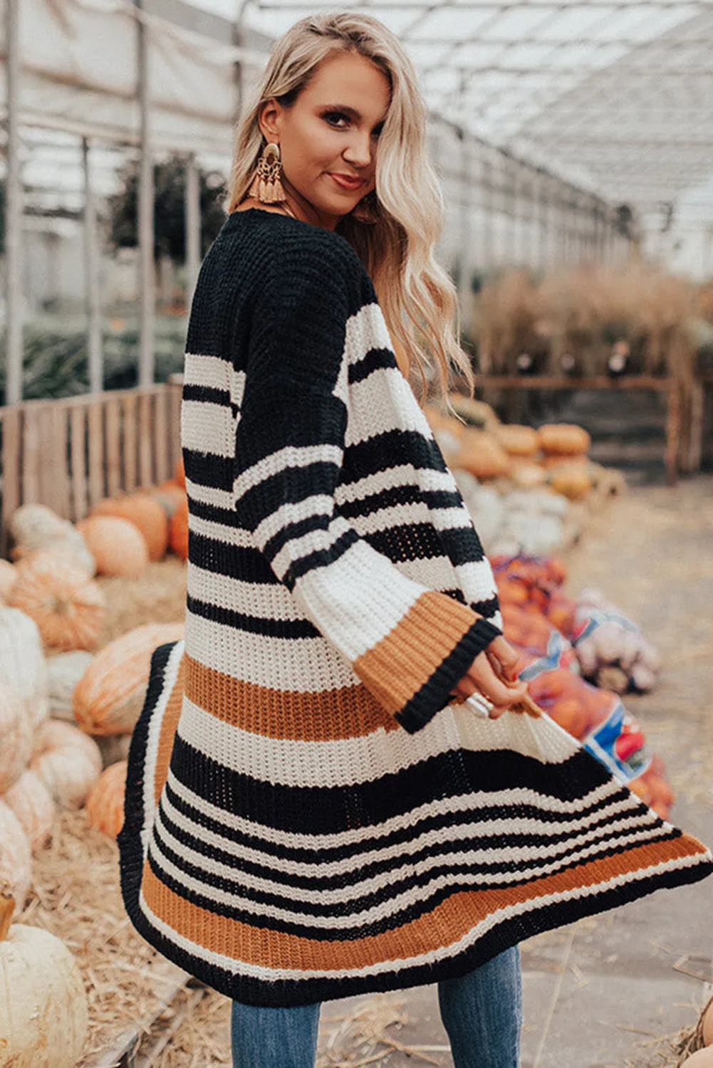 Stripe Drop Shoulder Open Front Knit Long Cardigan