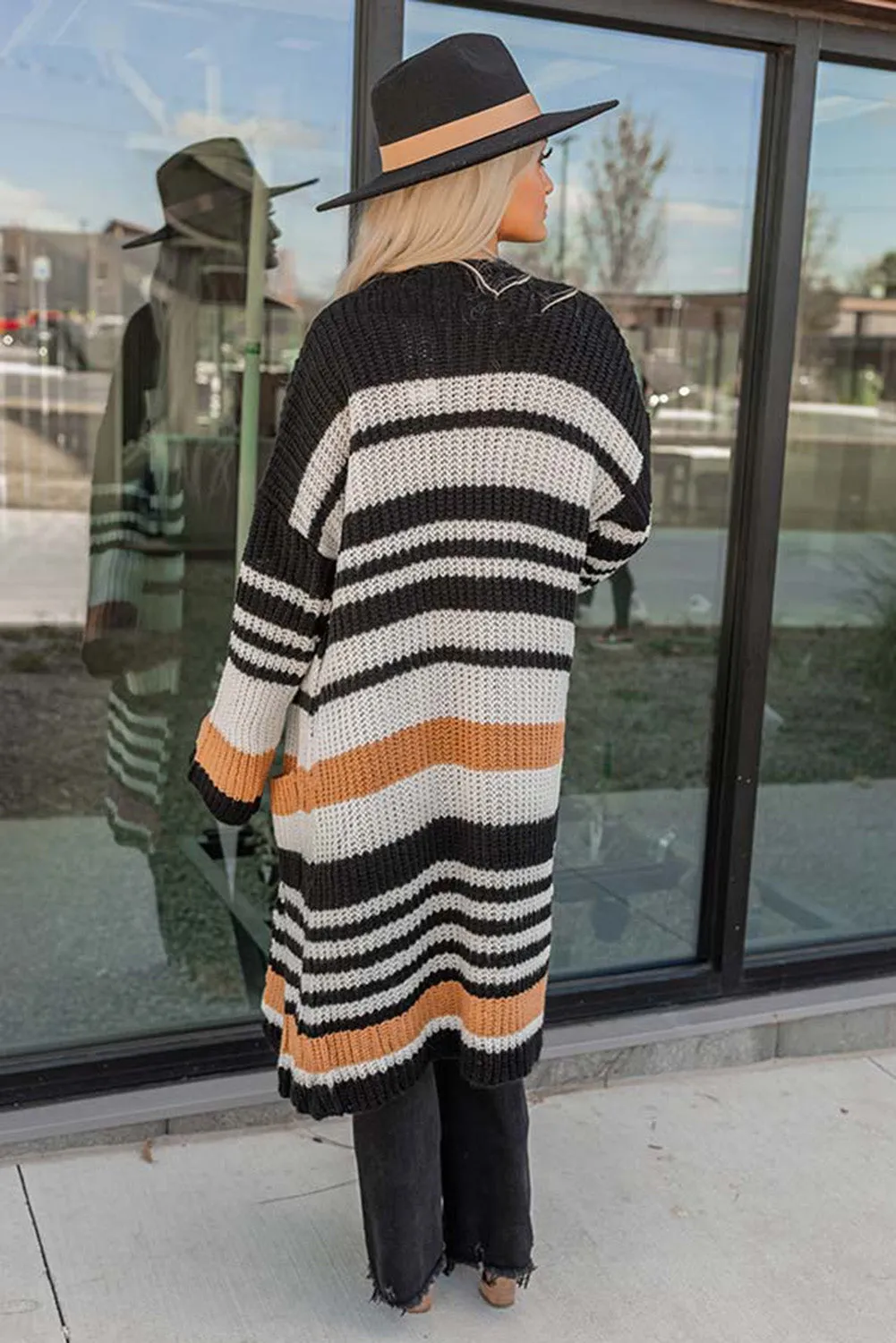 Stripe Drop Shoulder Open Front Knit Long Cardigan