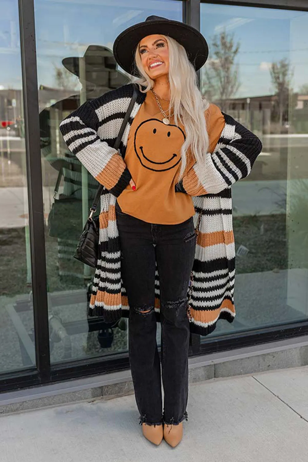 Stripe Drop Shoulder Open Front Knit Long Cardigan