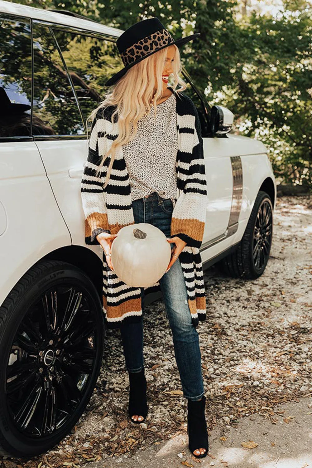 Stripe Drop Shoulder Open Front Knit Long Cardigan