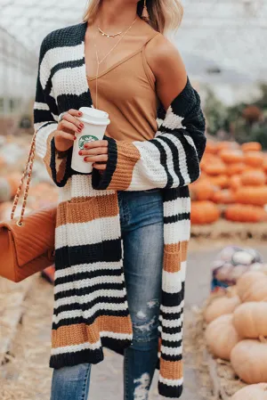 Stripe Drop Shoulder Open Front Knit Long Cardigan