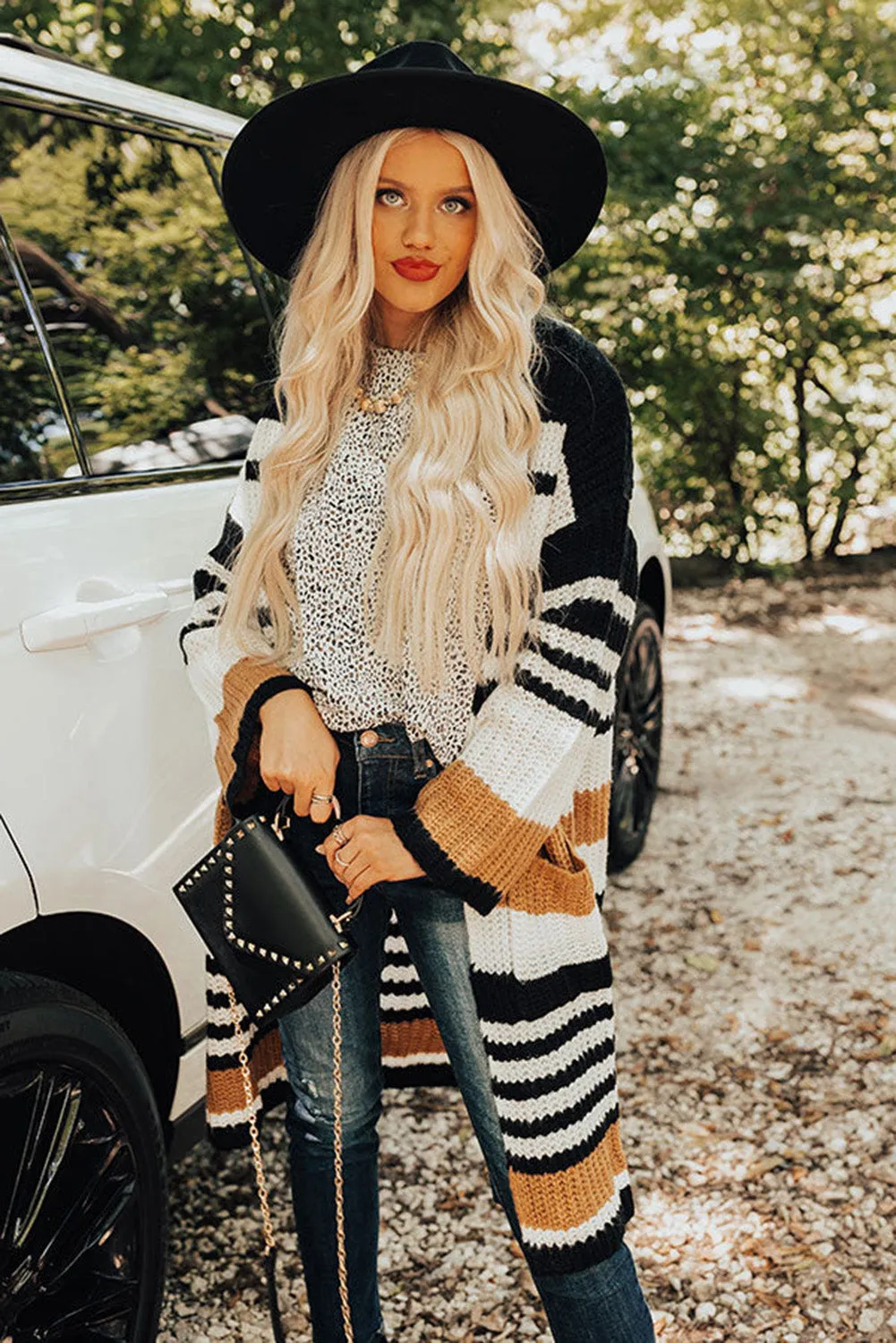 Stripe Drop Shoulder Open Front Knit Long Cardigan