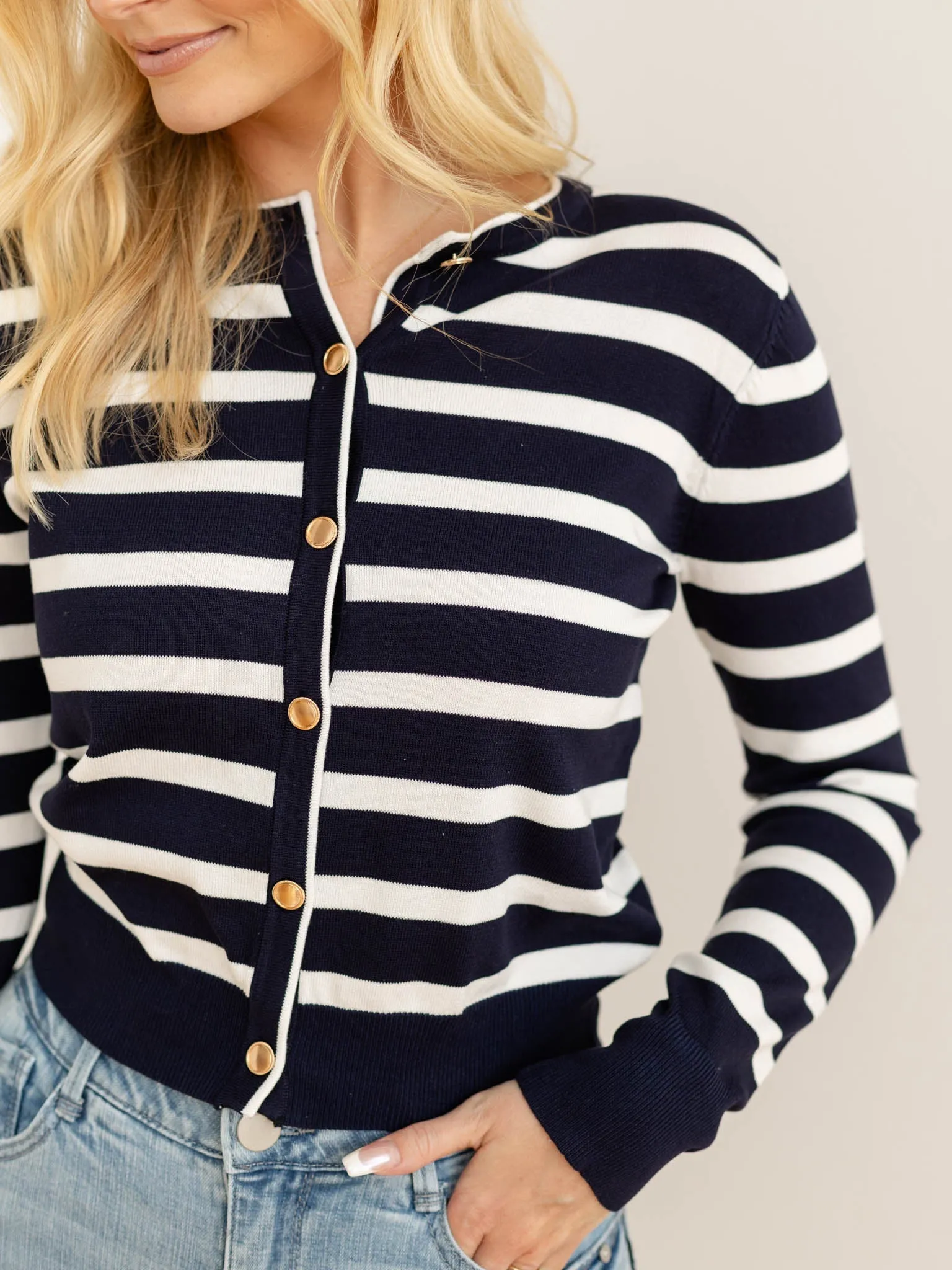 Stripe Round Neck Long Sleeve Button Down Cardigan