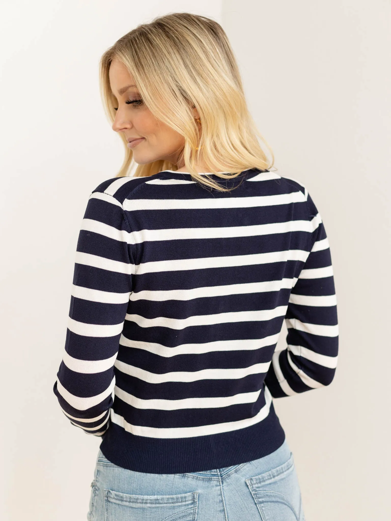 Stripe Round Neck Long Sleeve Button Down Cardigan