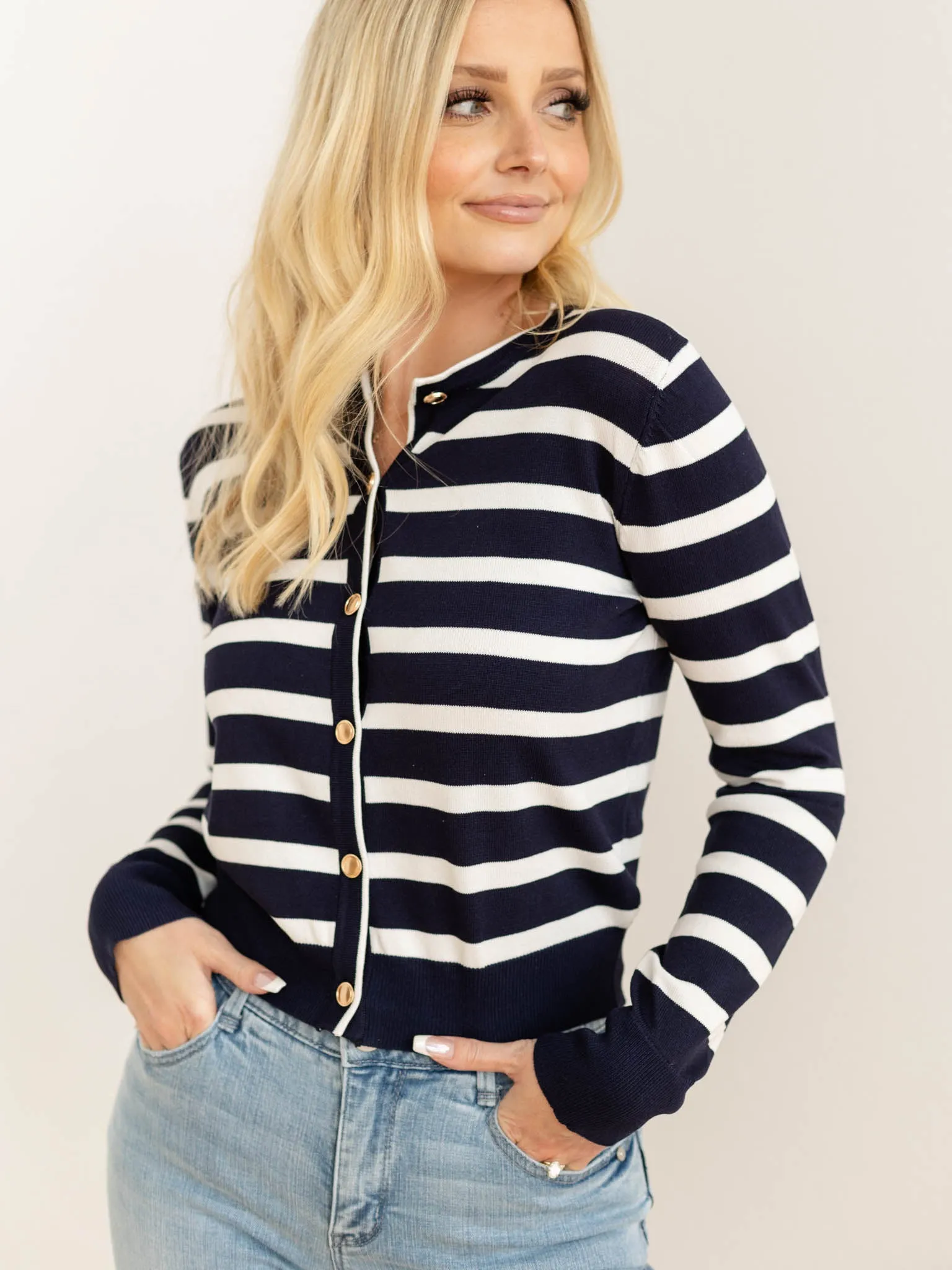 Stripe Round Neck Long Sleeve Button Down Cardigan