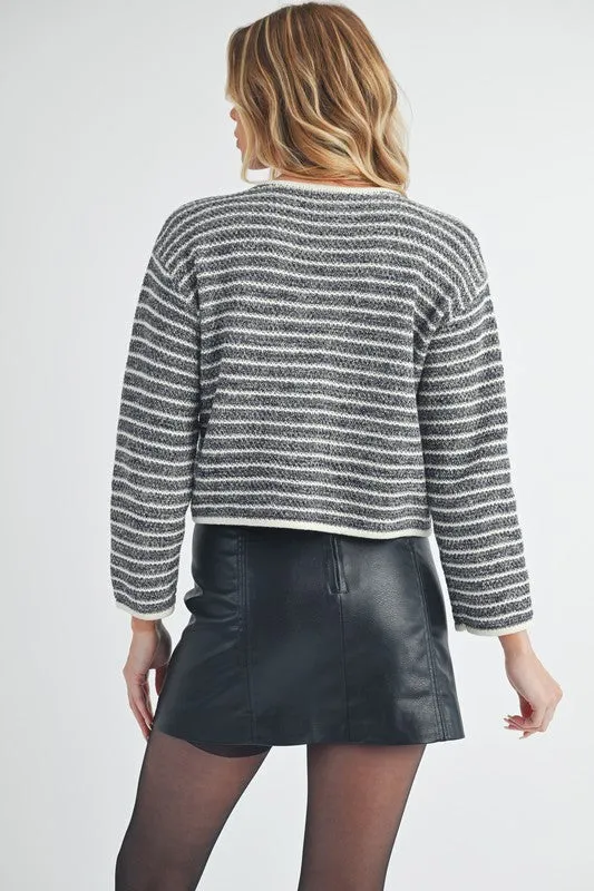 Striped Button Down Round Neck Cardigan
