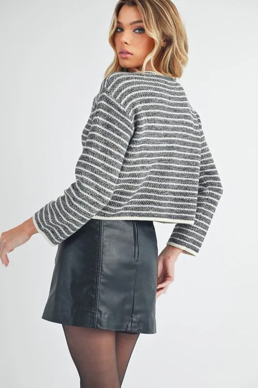 Striped Button Down Round Neck Cardigan