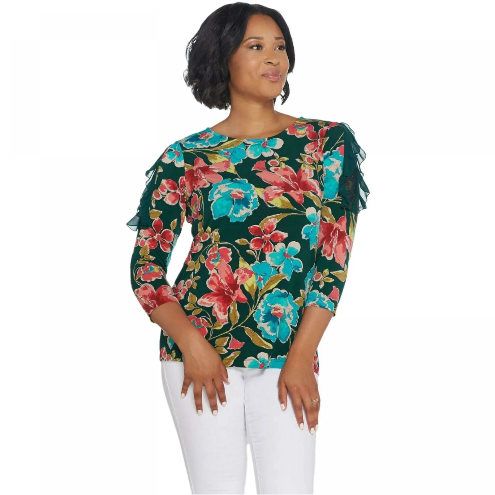 Susan Graver Women's Plus Size Floral Liquid Knit Top with Lace & Chiffon Details