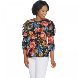 Susan Graver Women's Printed Liquid Knit Top With Lace Chiffon Detail