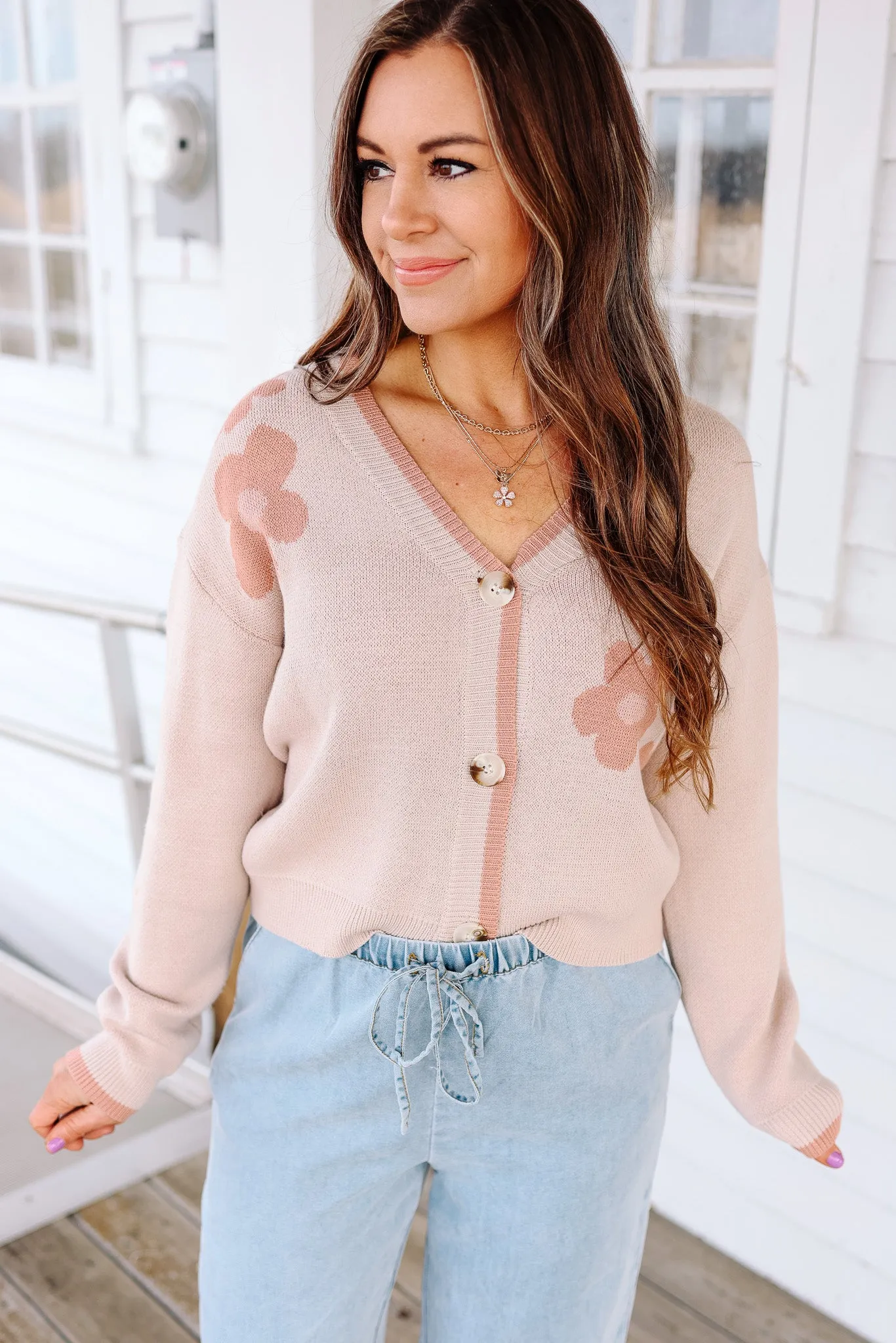 Sylvie Flower Button Cardigan - Taupe