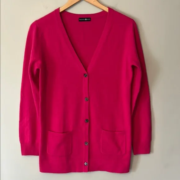 Takashimaya Japan 100% Cashmere Cardigan Sweater Pockets Size Medium Hot Pink