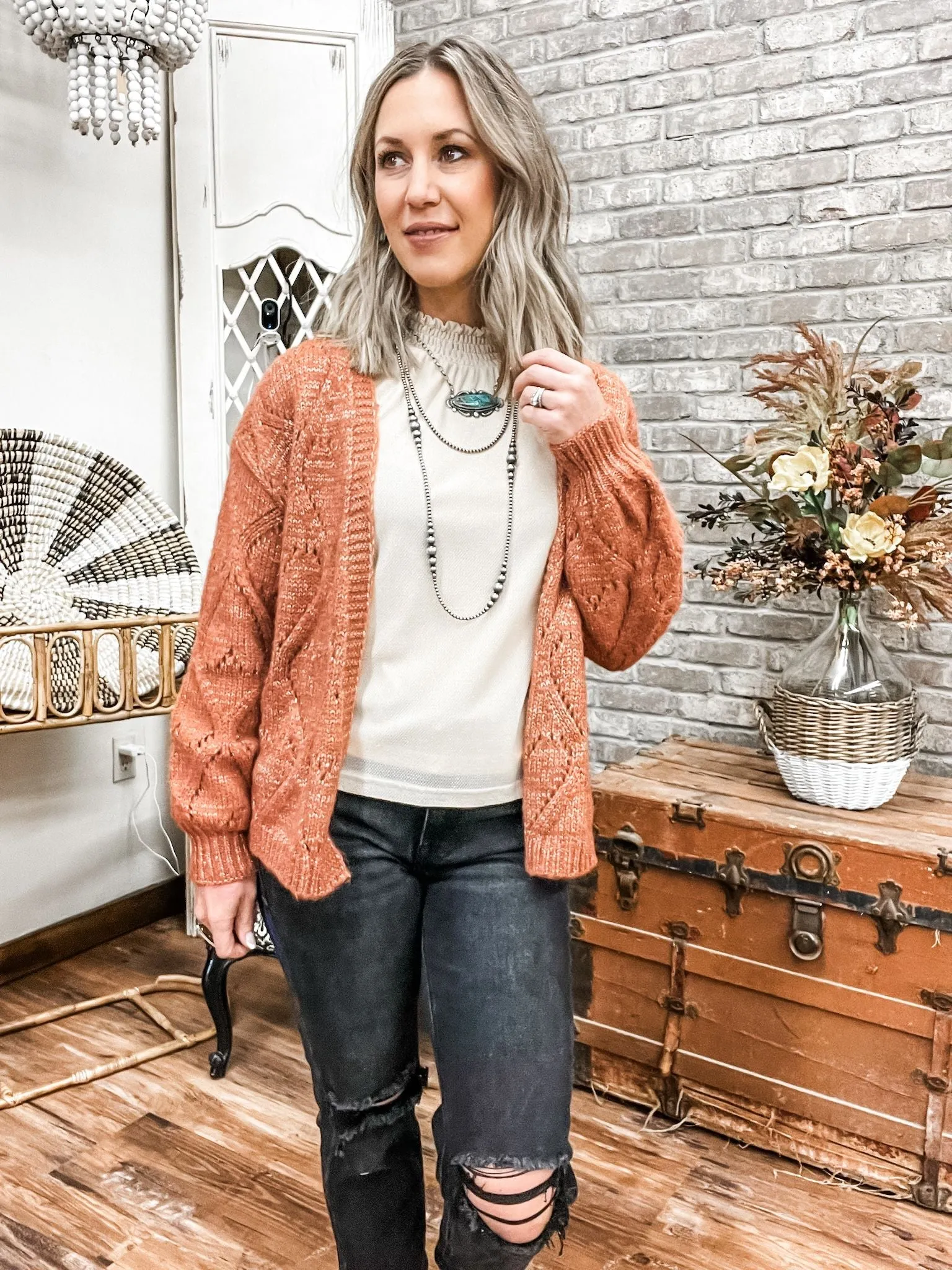 Terracotta Oversized Pointelle Cardigan