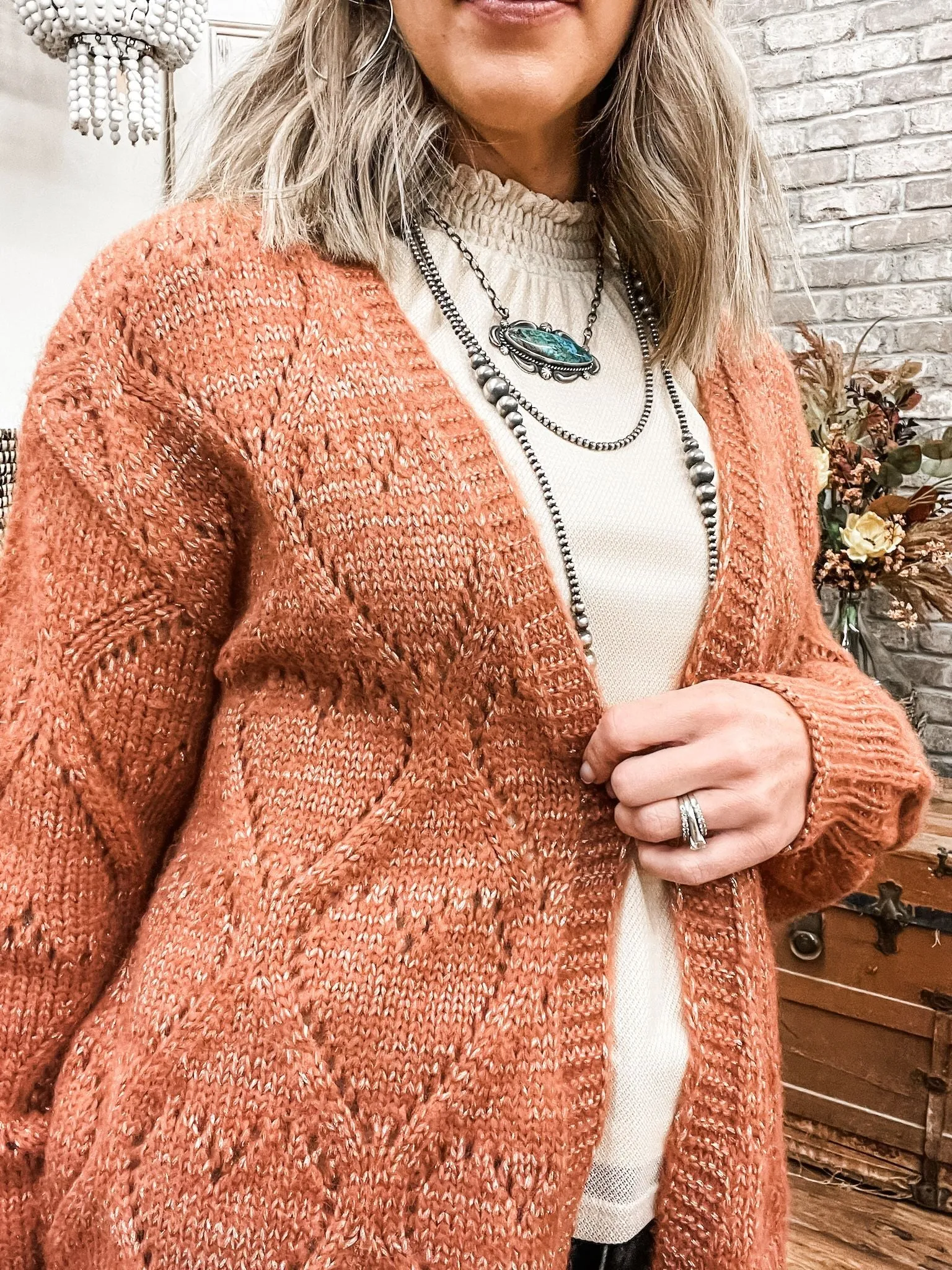 Terracotta Oversized Pointelle Cardigan