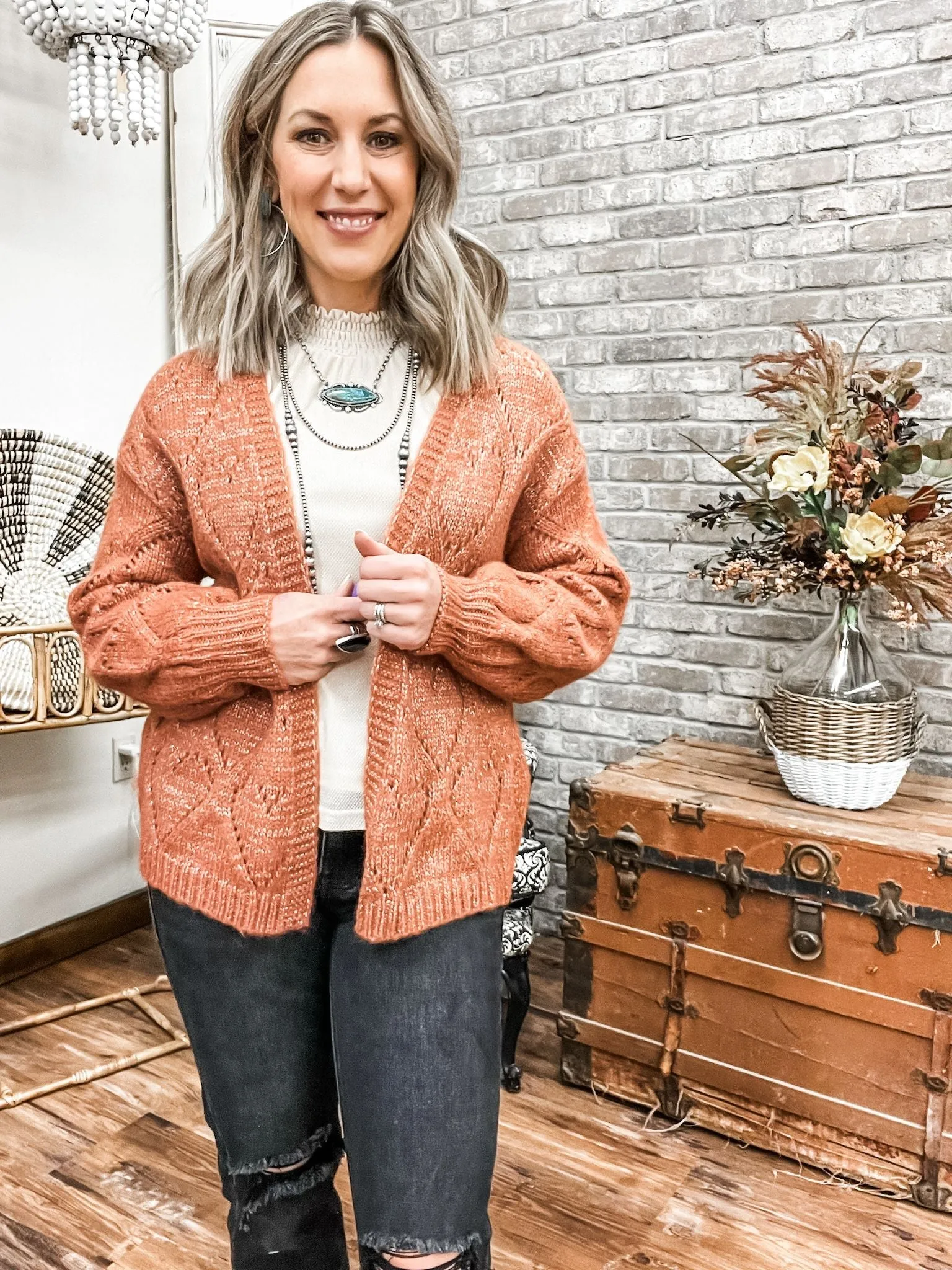 Terracotta Oversized Pointelle Cardigan