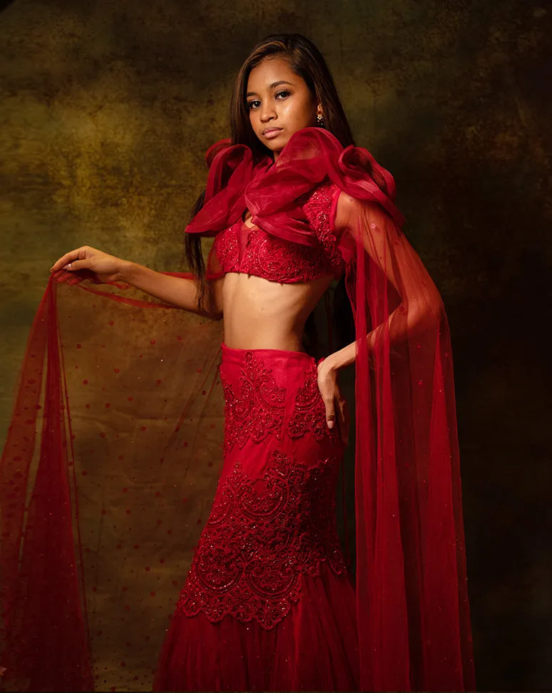 The Contemporary Red Ruffle Lehenga