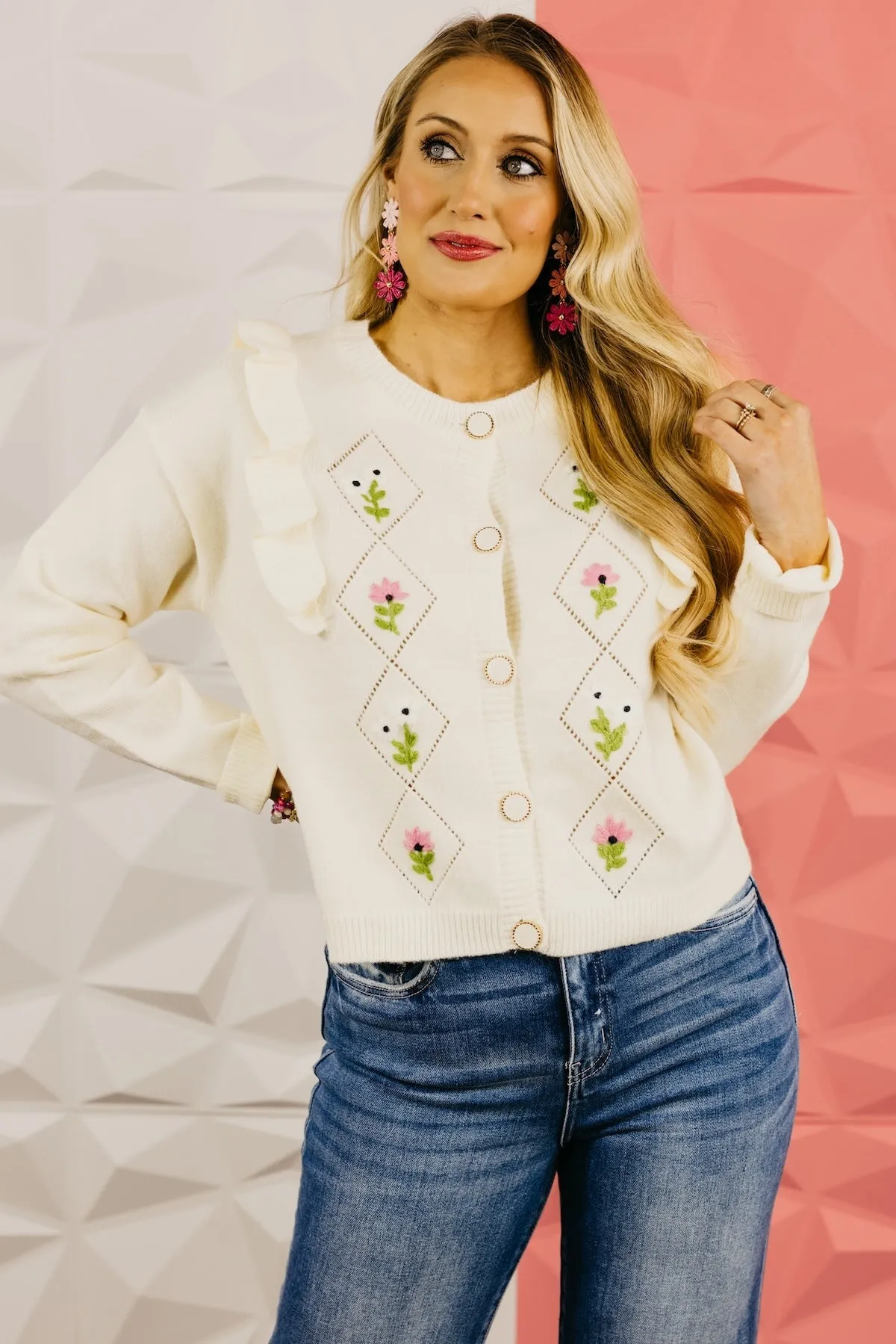 The Everly Crochet Ruffle Button-Down Cardigan