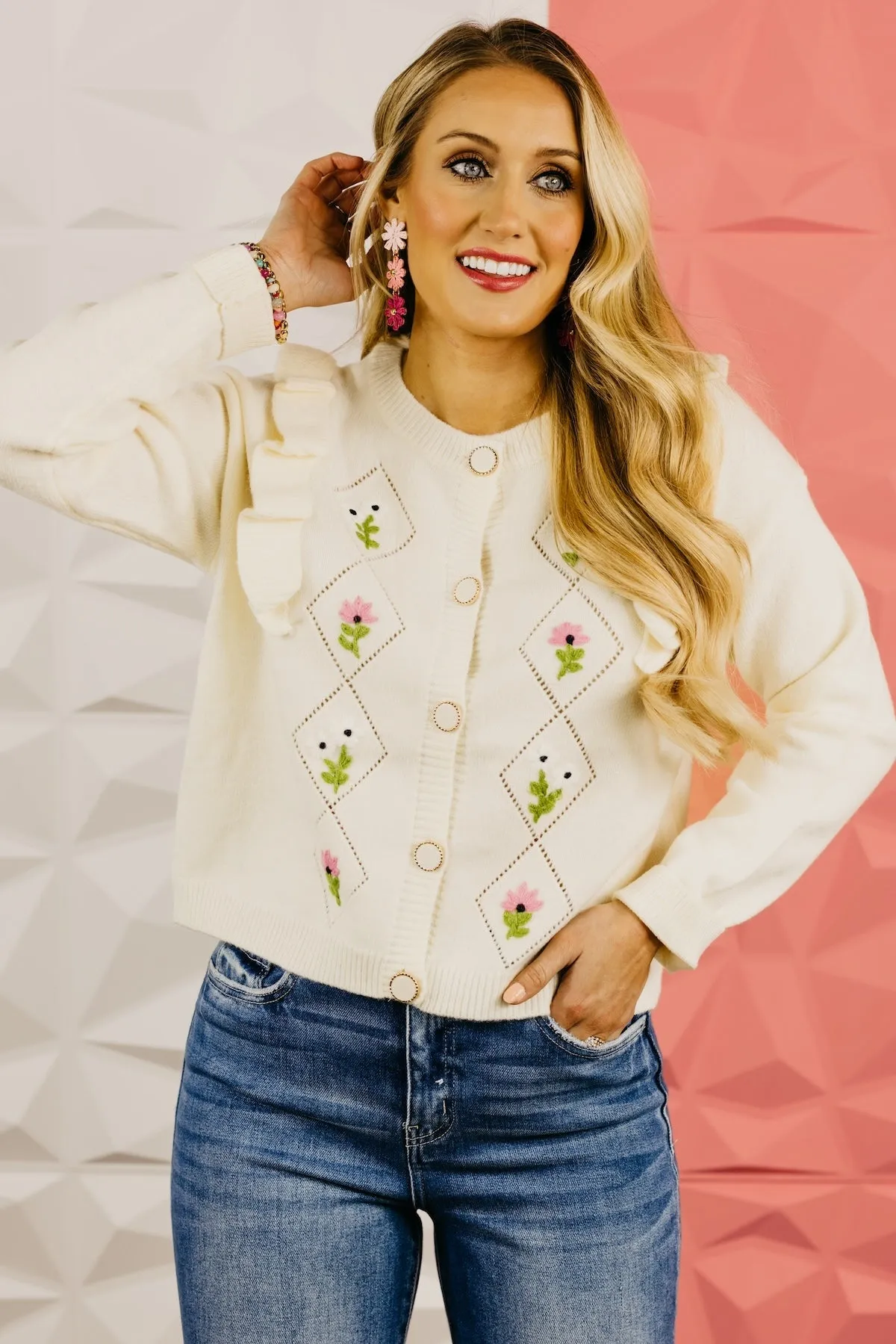 The Everly Crochet Ruffle Button-Down Cardigan