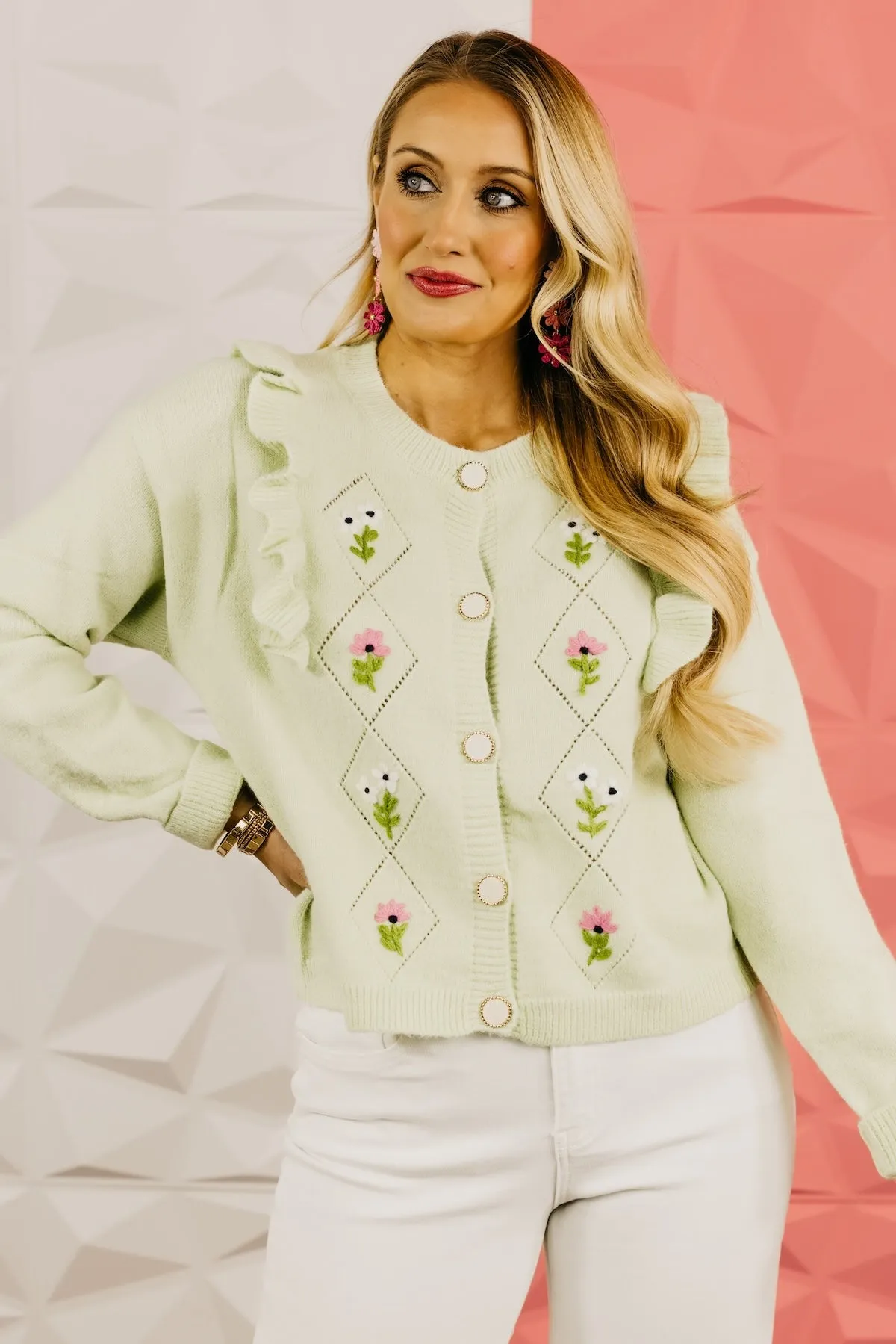 The Everly Crochet Ruffle Button-Down Cardigan