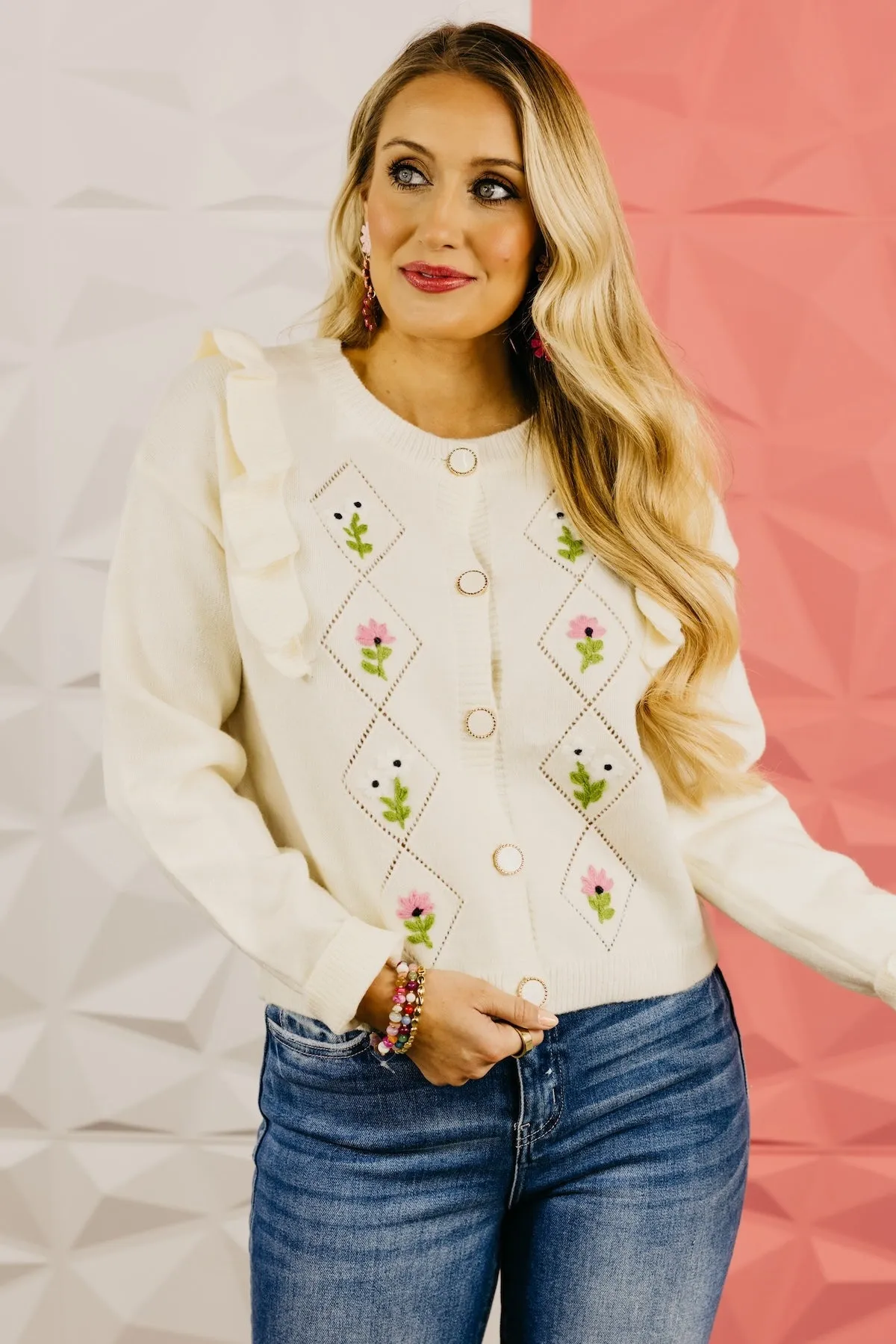 The Everly Crochet Ruffle Button-Down Cardigan