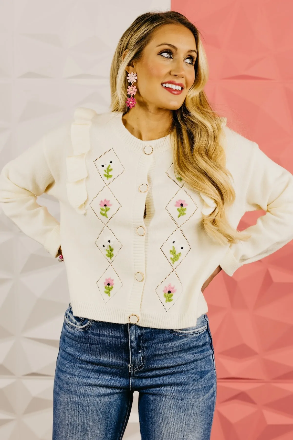 The Everly Crochet Ruffle Button-Down Cardigan