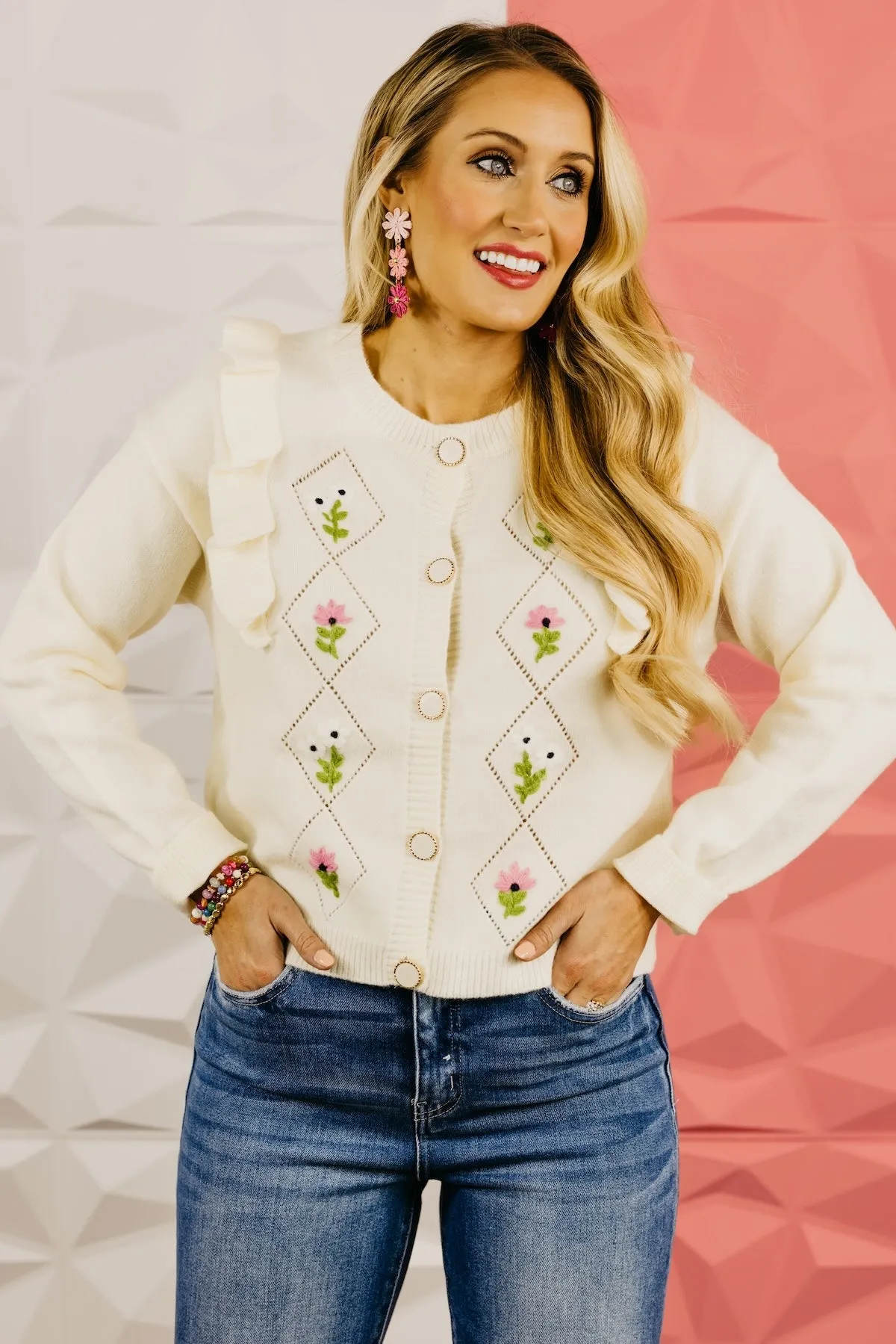 The Everly Crochet Ruffle Button-Down Cardigan