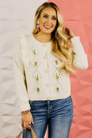 The Everly Crochet Ruffle Button-Down Cardigan