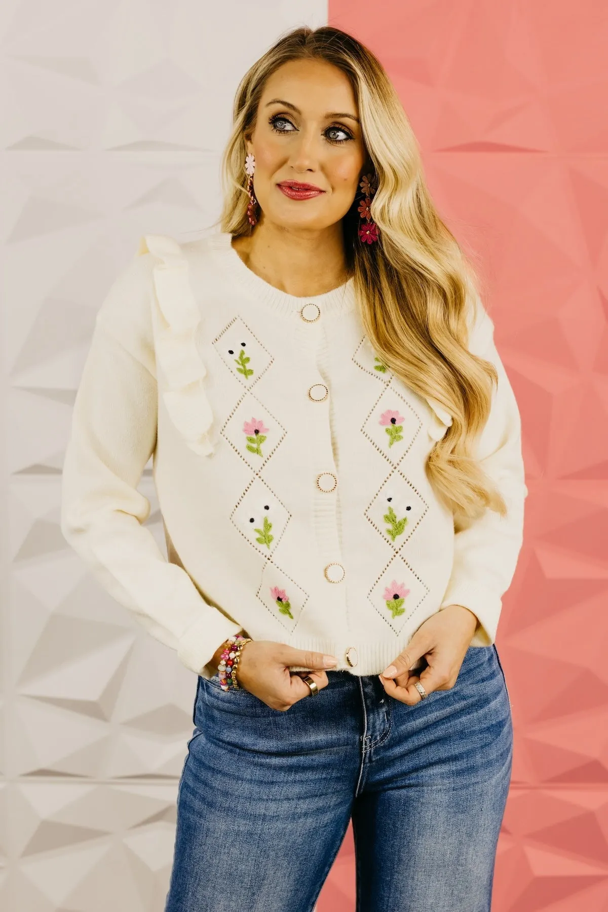 The Everly Crochet Ruffle Button-Down Cardigan