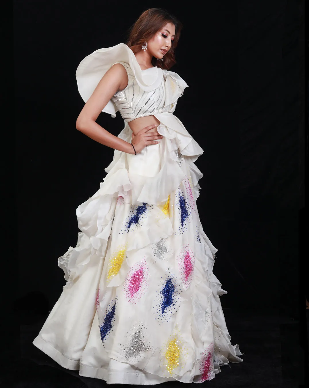 The Synchronized Scintillation Drape Lehenga