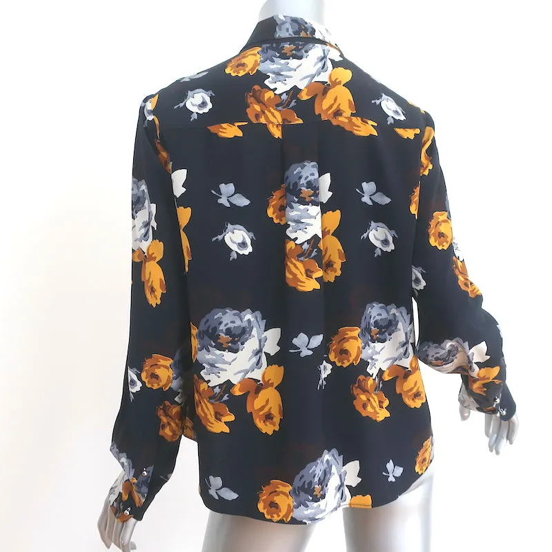 Theory Button Up Blouse Sunaya Navy Floral Print Silk Size Small Long Sleeve Top