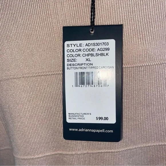 Tipped Button Front Cardigan Champagne Blush/ Black XL NWT