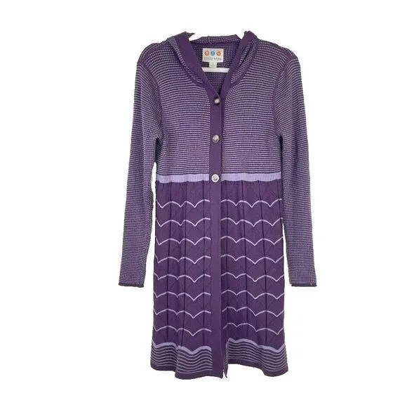 Title Nine Womens Hoodie Long Cardigan Sweater Wool Striped Button Up Purple Top