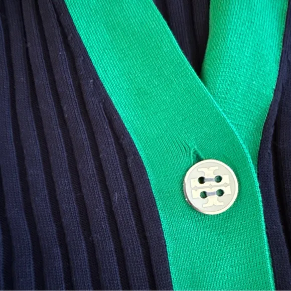 TORY BURCH Logo Button Navy/Green Cardigan, Size Small