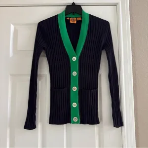 TORY BURCH Logo Button Navy/Green Cardigan, Size Small