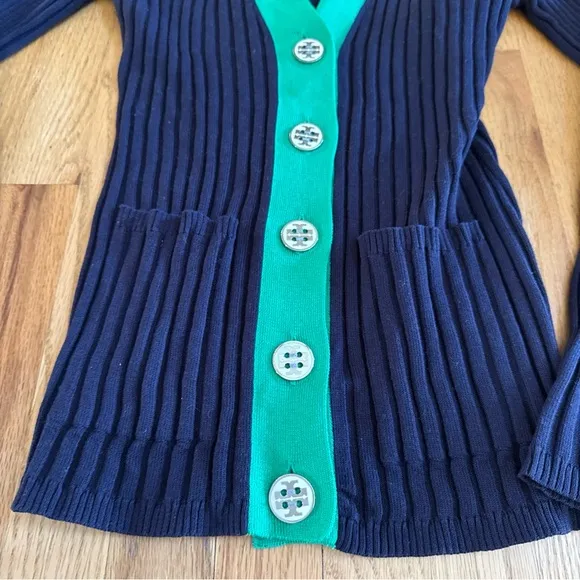 TORY BURCH Logo Button Navy/Green Cardigan, Size Small