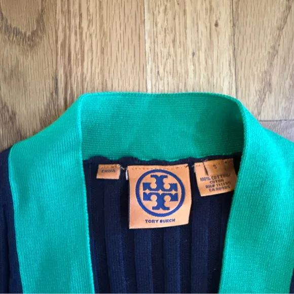TORY BURCH Logo Button Navy/Green Cardigan, Size Small