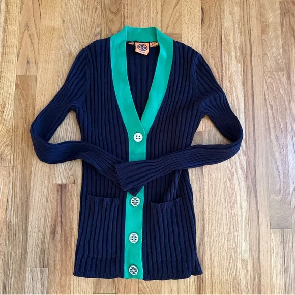 TORY BURCH Logo Button Navy/Green Cardigan, Size Small