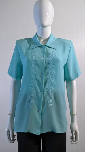 Turquoise Collar Button Up Short Sleeve Blouse Top