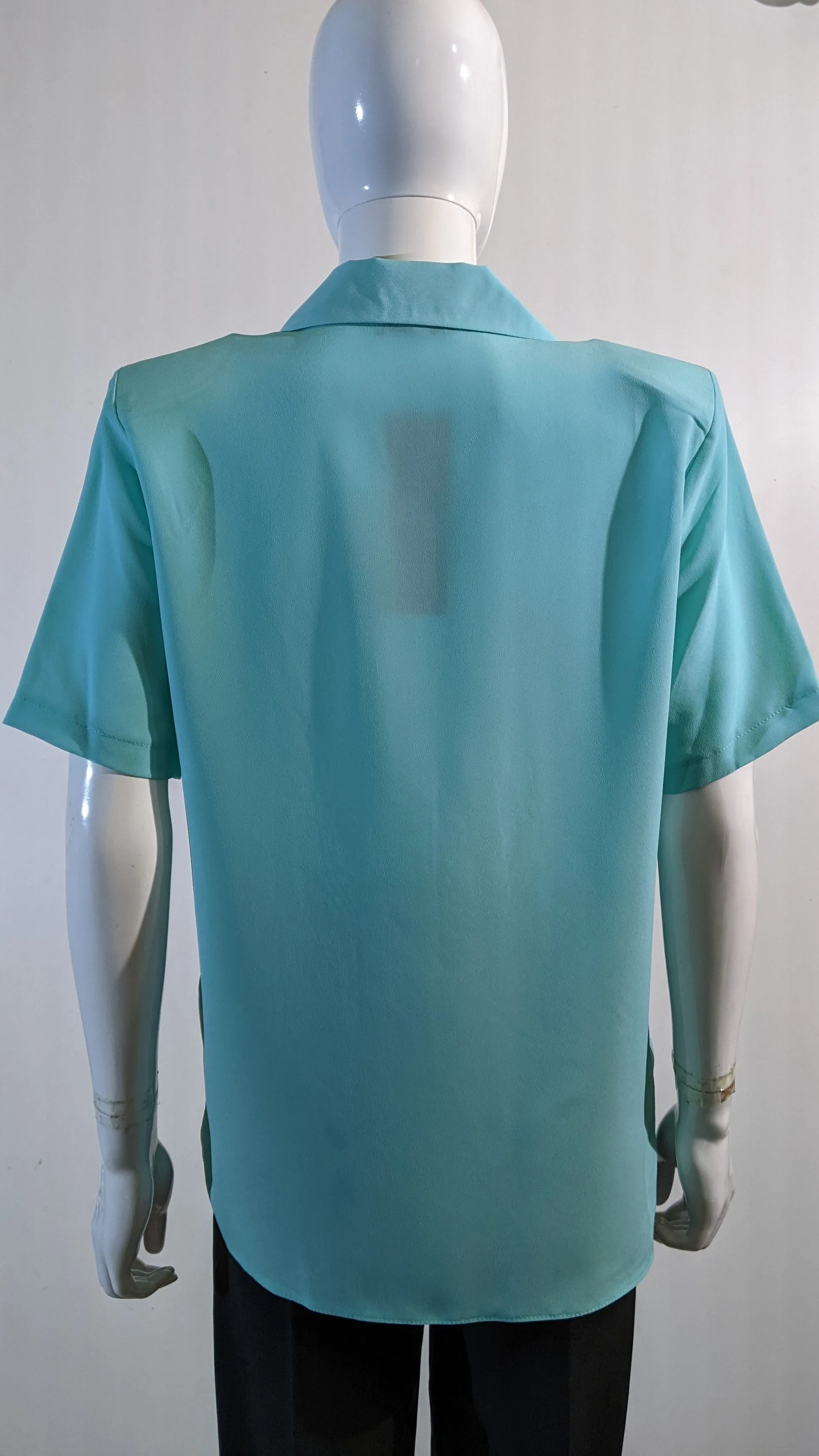 Turquoise Collar Button Up Short Sleeve Blouse Top