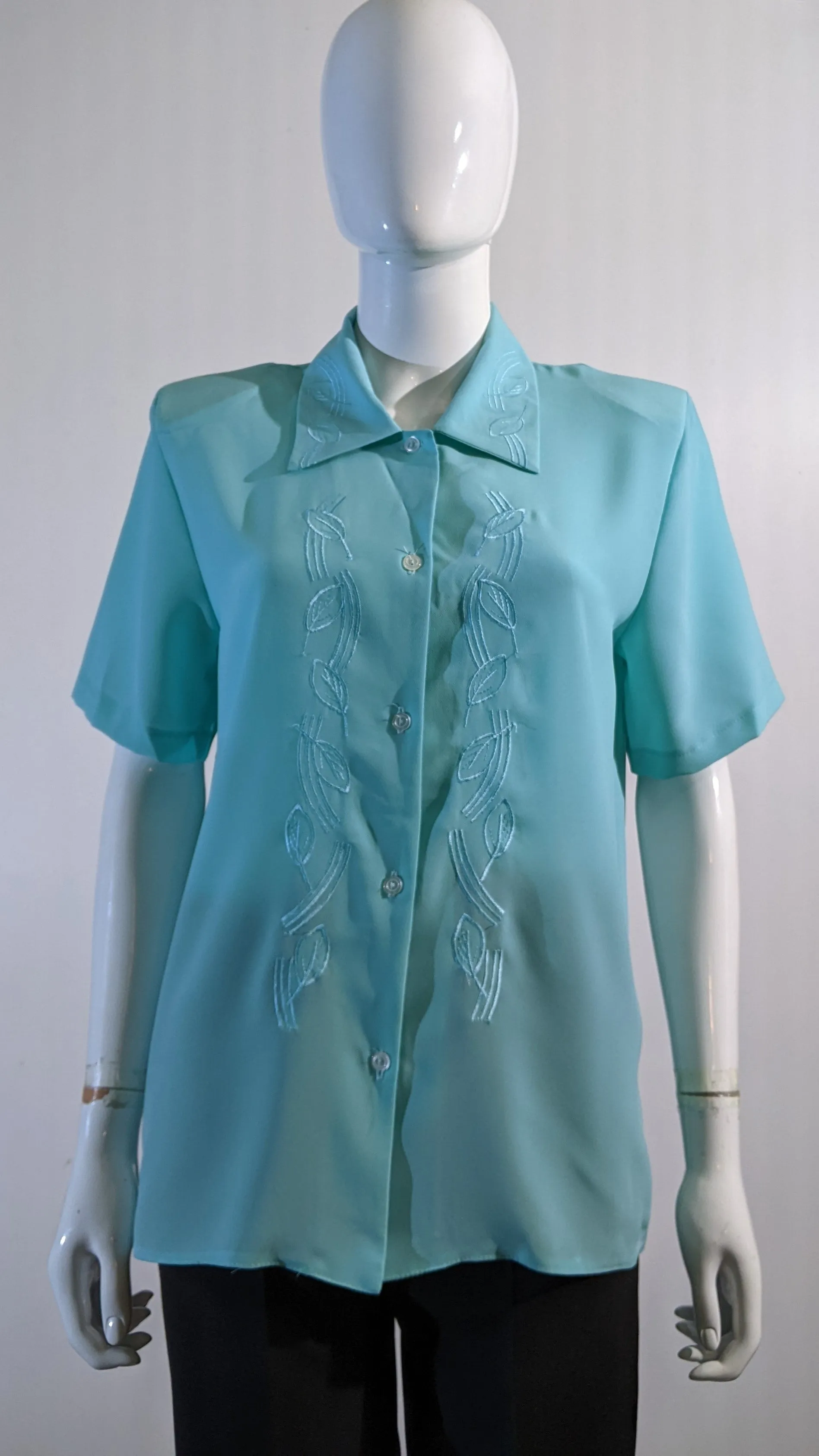 Turquoise Collar Button Up Short Sleeve Blouse Top