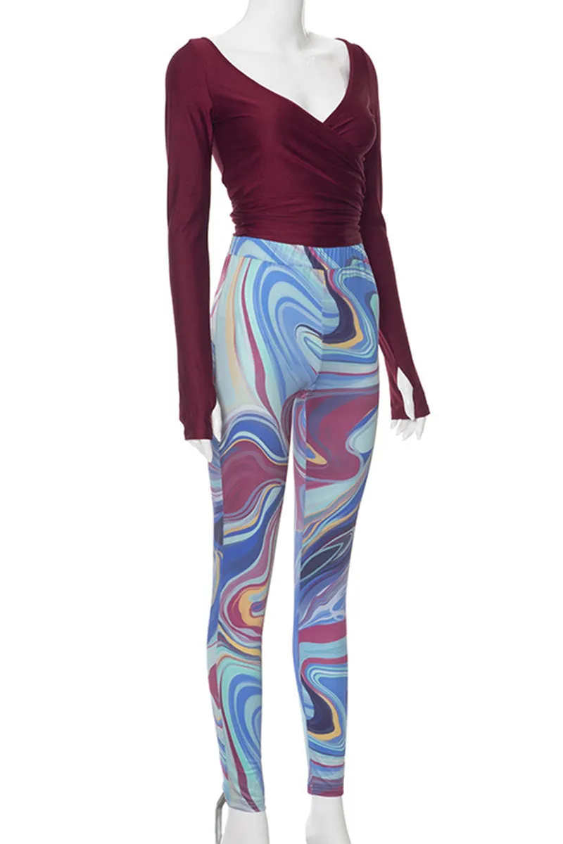 UI0390 Crop Shirt and Printed Leggings Set