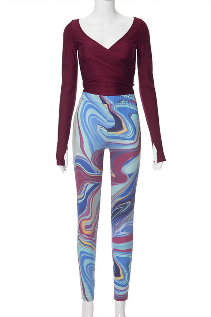 UI0390 Crop Shirt and Printed Leggings Set