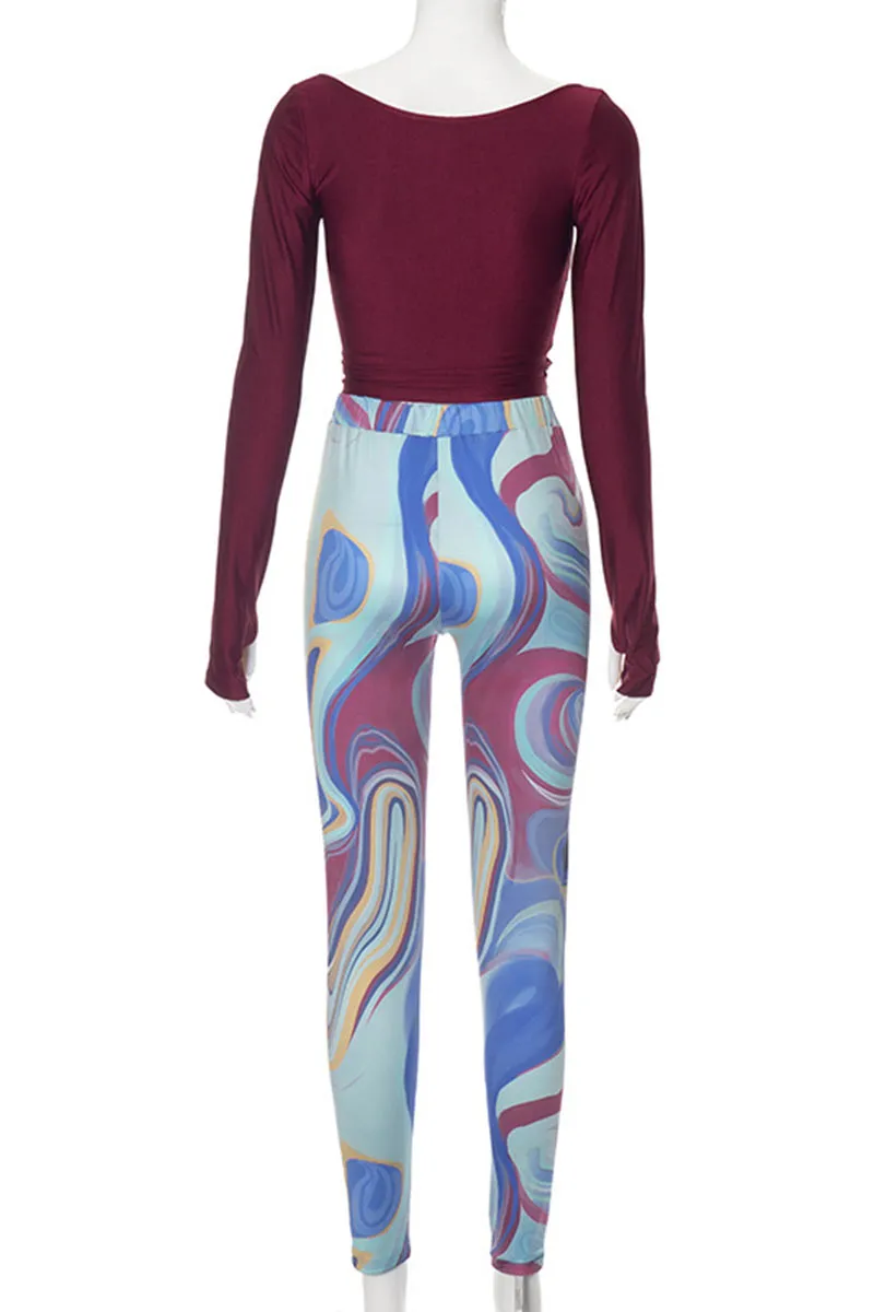 UI0390 Crop Shirt and Printed Leggings Set