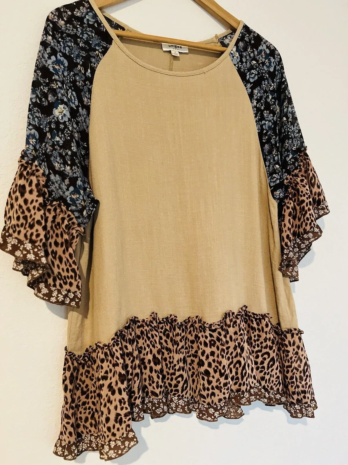 UMGEE Mixed Media Linen Top Sz S Flared Ruffle Sleeves Floral Tunic Boho Blouse